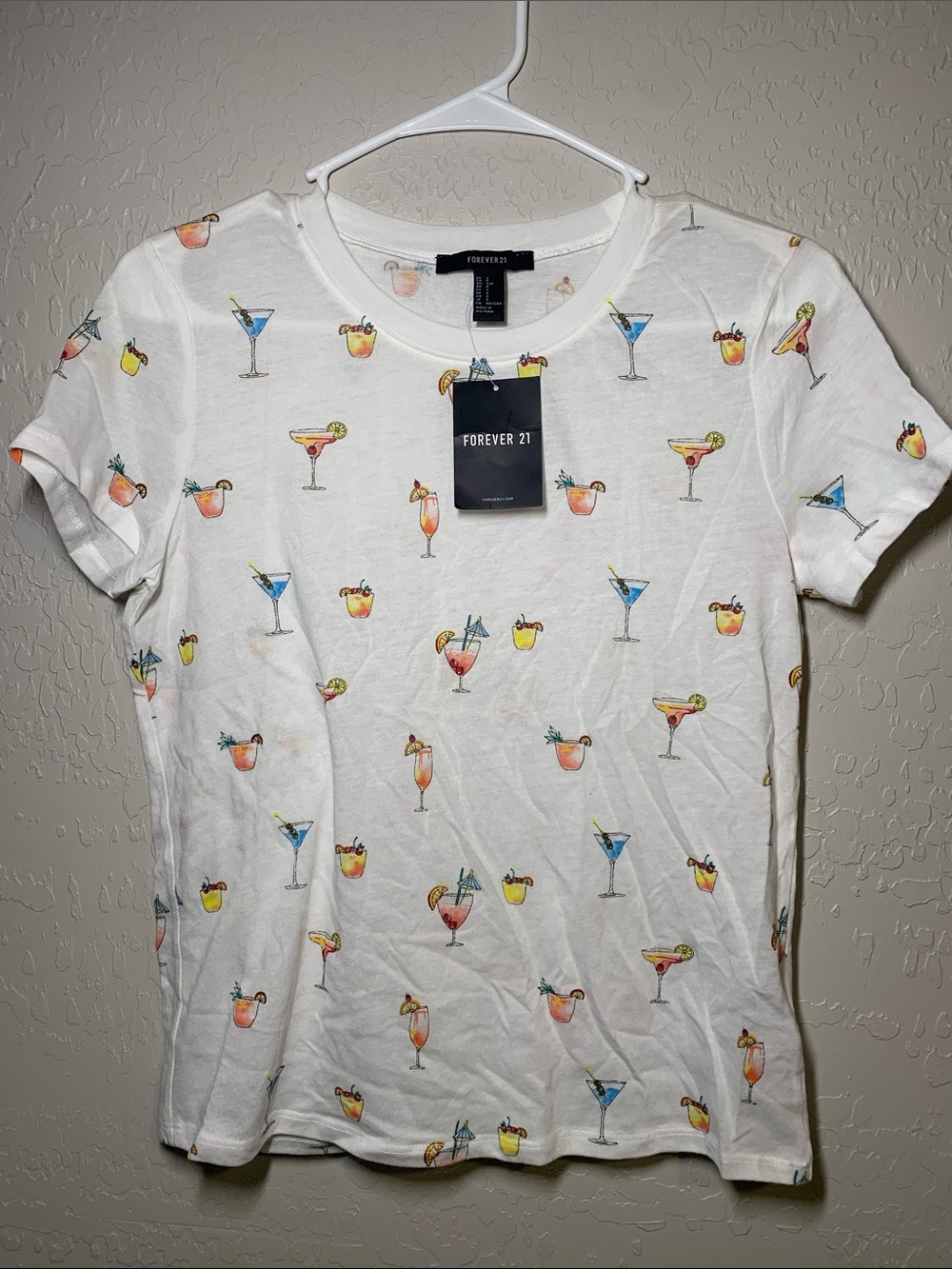 Forever 21 White Tee with Colorful Cocktail Motifs Shirt